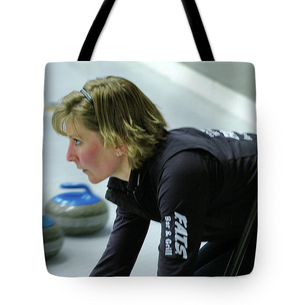 Curling Tote Bag featuring the photograph Cori Bartel In The Hack by Lawrence Christopher