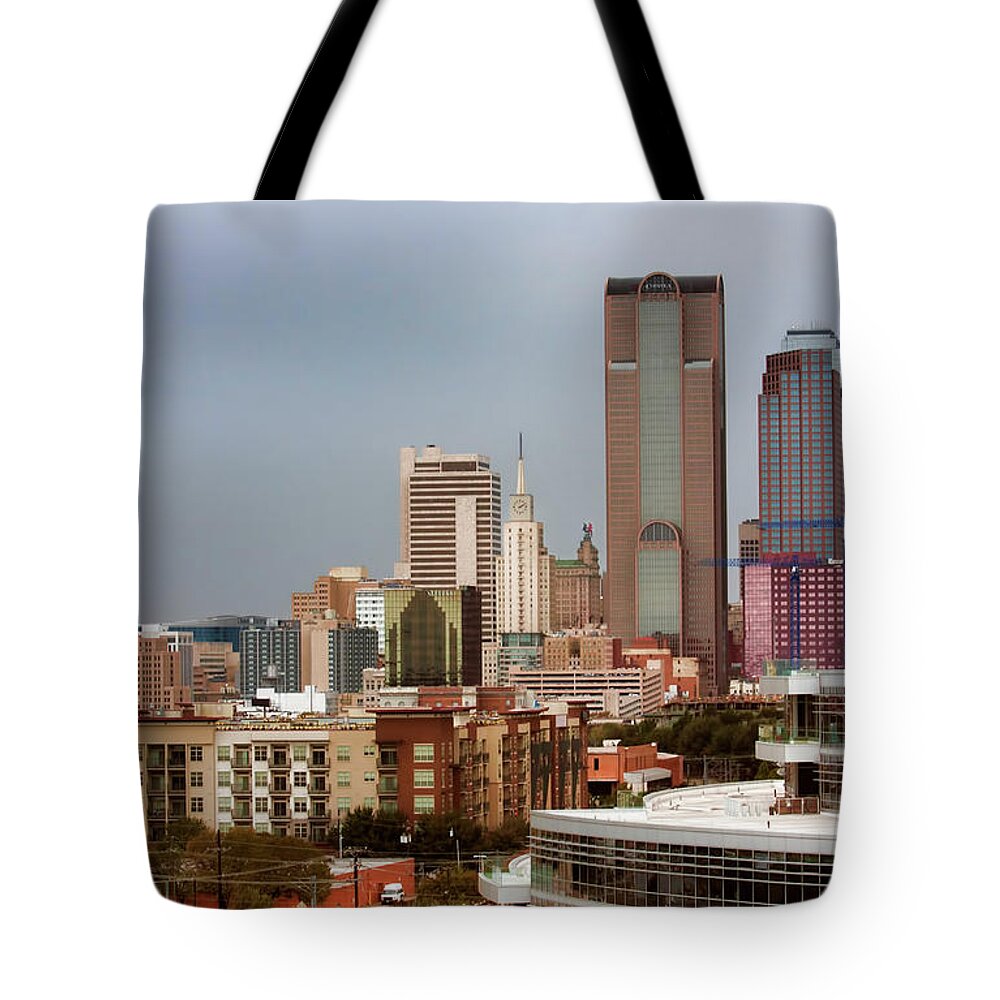 Cityscape Tote Bag featuring the photograph Corner of Downtown Dallas by Joan Bertucci
