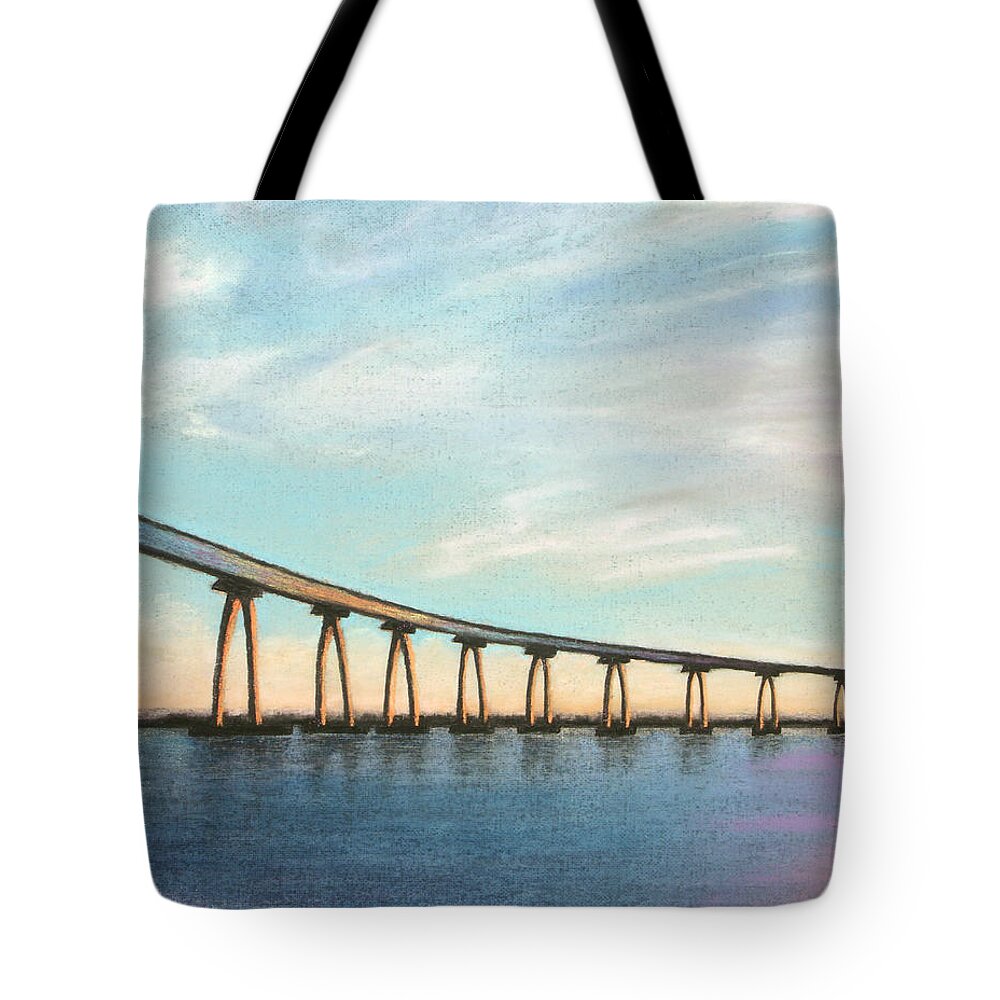Coronado Tote Bag featuring the pastel Coronado Bridge Sunset A by Michael Heikkinen