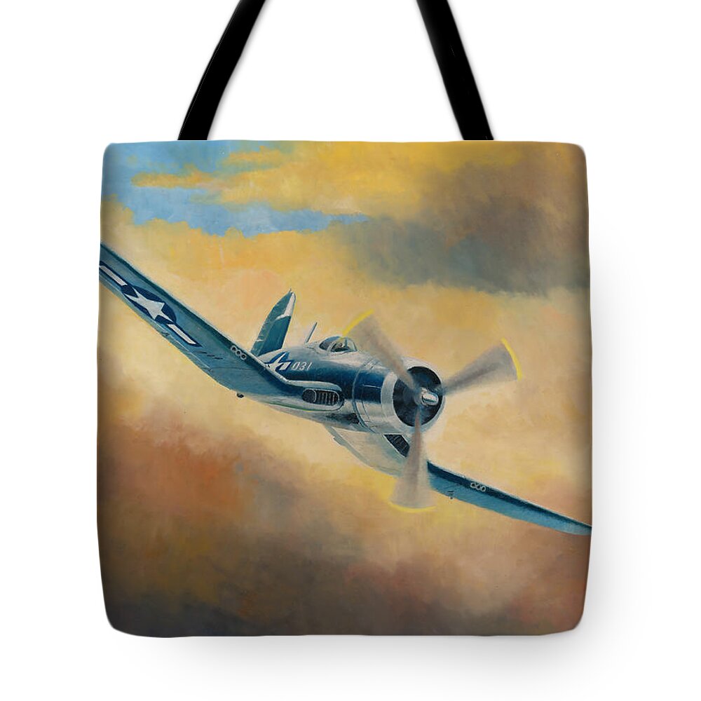 Airplane Tote Bag featuring the painting Corsair On the Prowl by Douglas Castleman