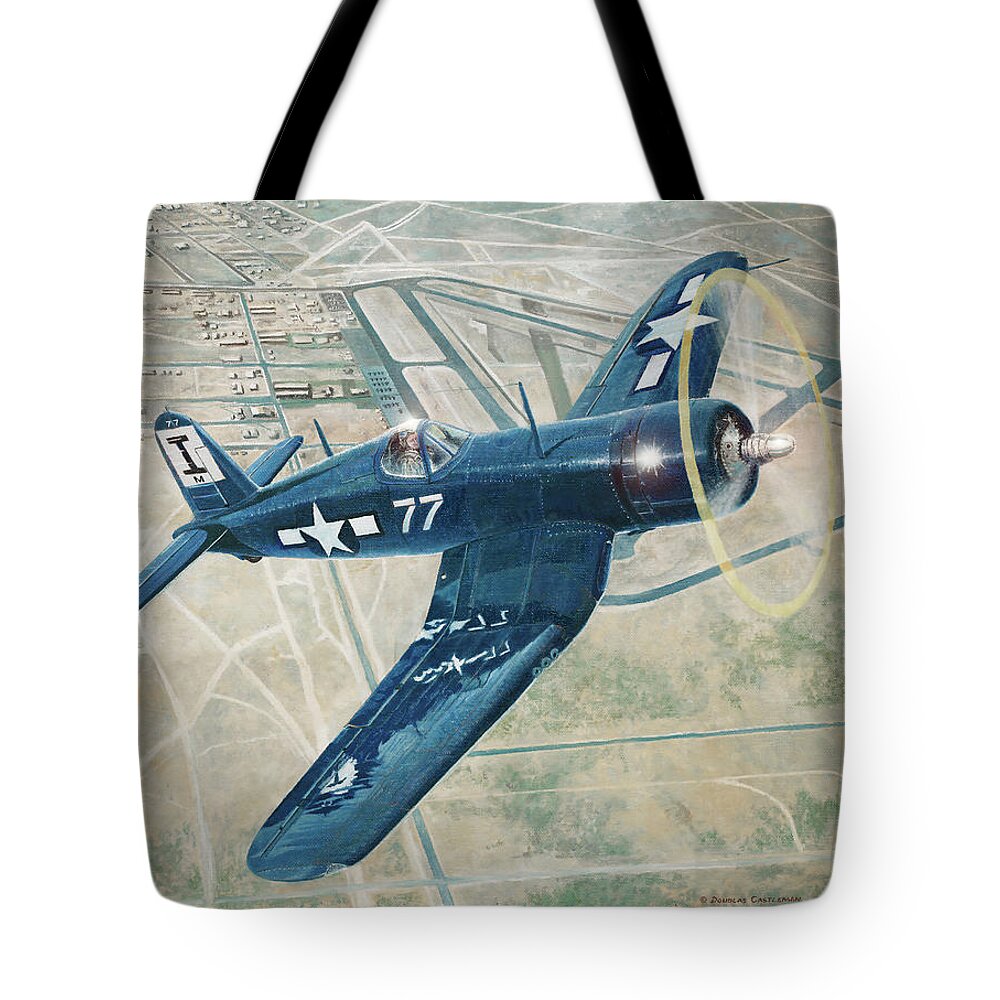 Aviation Tote Bag featuring the painting Corsair Over Mojave by Douglas Castleman