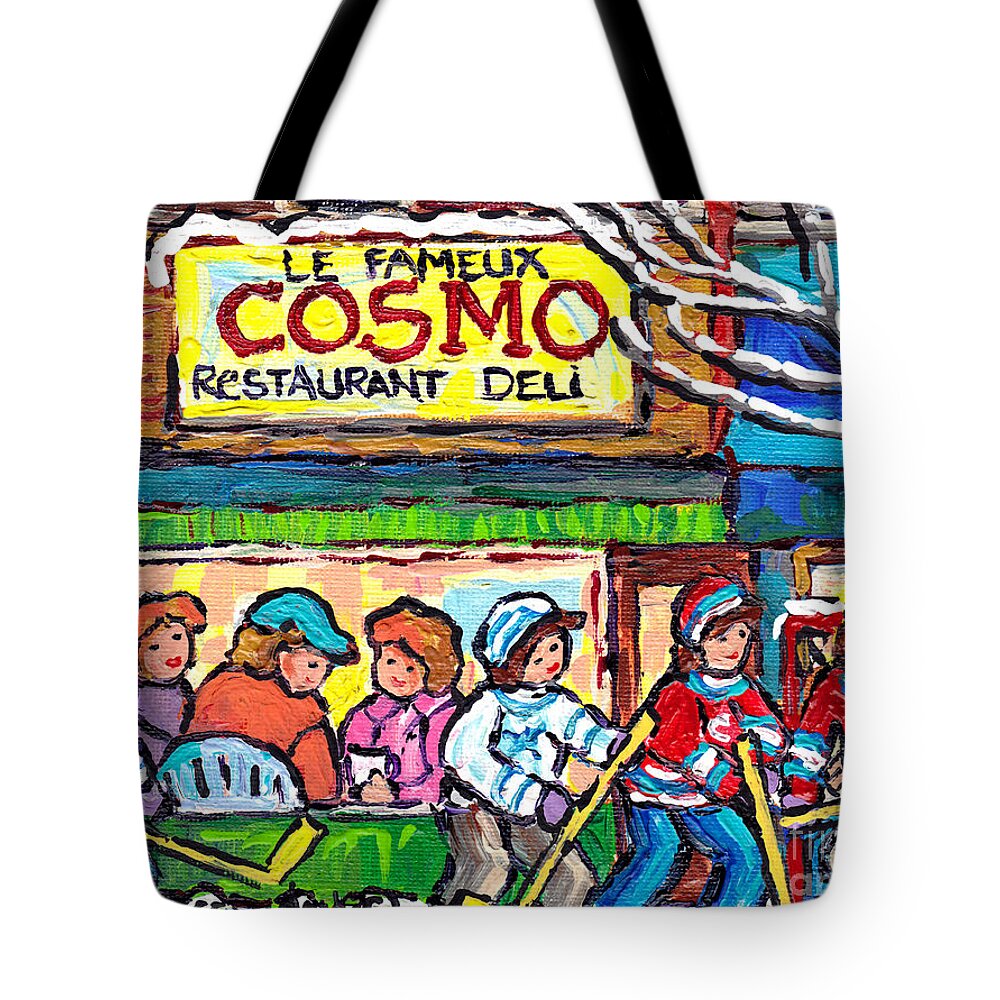 Montreal Tote Bag featuring the painting Cosmo Famous Deli Restaurant Painting Montreal Winter City Hockey Scene Canadian Art Carole Spandau by Carole Spandau