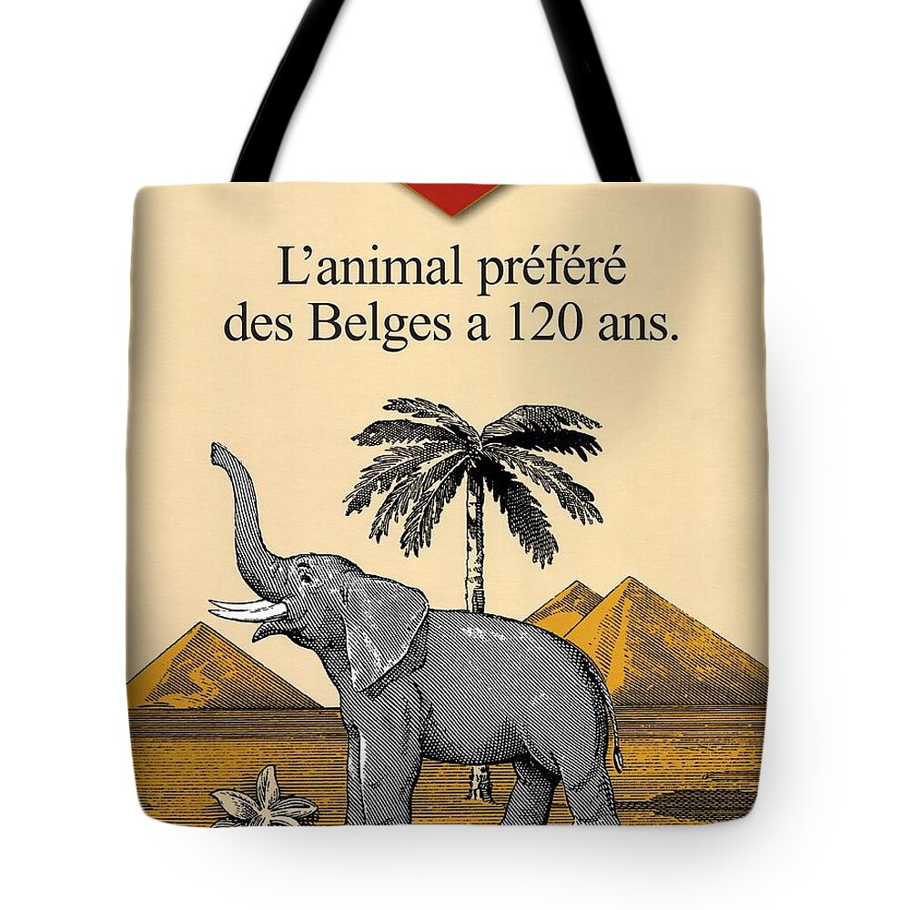 Cote D'or Tote Bag featuring the mixed media Cote d'Or Chocolate - Belgian Chocolate - Elephant near the Egyptian Pyramids - Vintage Poster by Studio Grafiikka