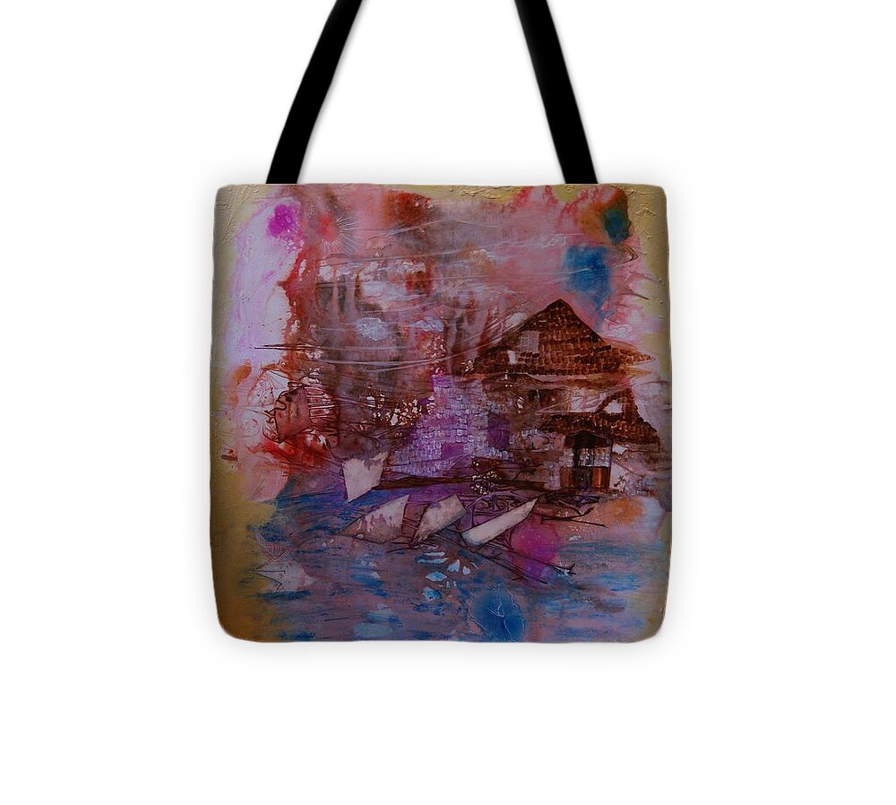 Abstract Tote Bag featuring the painting Cottage at the lake by Sima Amid Wewetzer