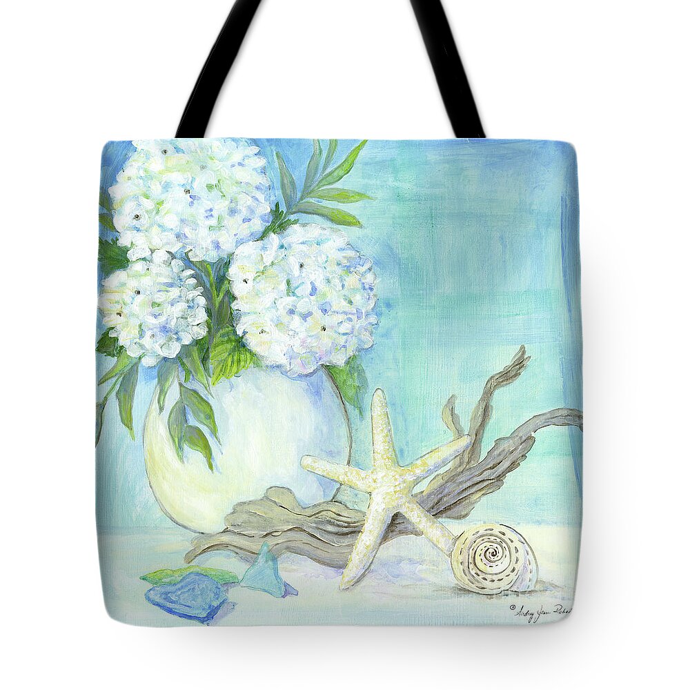 White Hydrangeas Tote Bag featuring the painting Cottage at the Shore 1 White Hydrangea Bouquet w Driftwood Starfish Sea Glass and Seashell by Audrey Jeanne Roberts