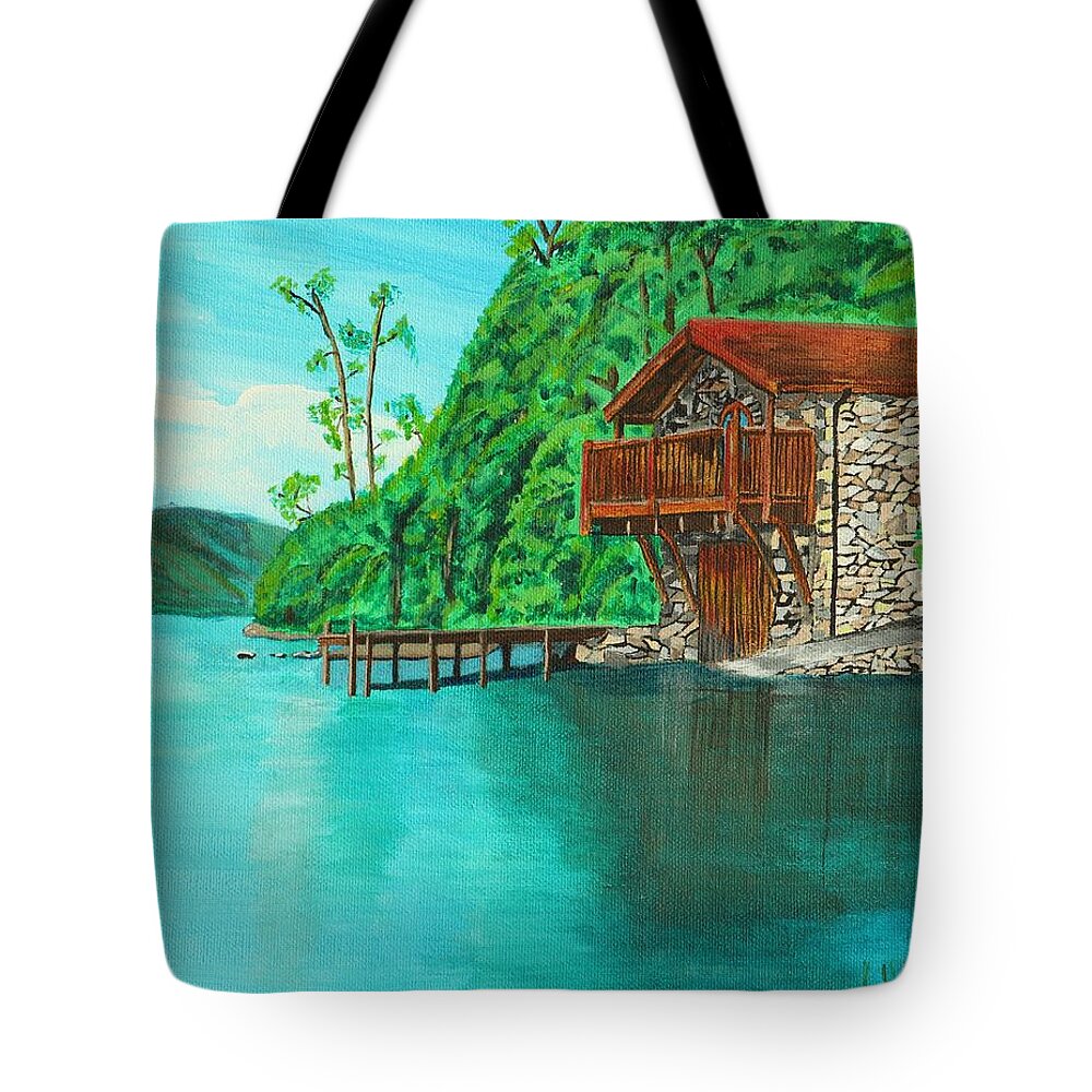 Water Tote Bag featuring the painting Cottage on lake by David Bigelow