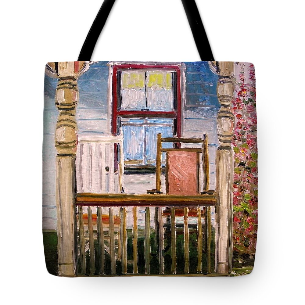 Porch Tote Bag featuring the painting Cottage Rockers by John Williams