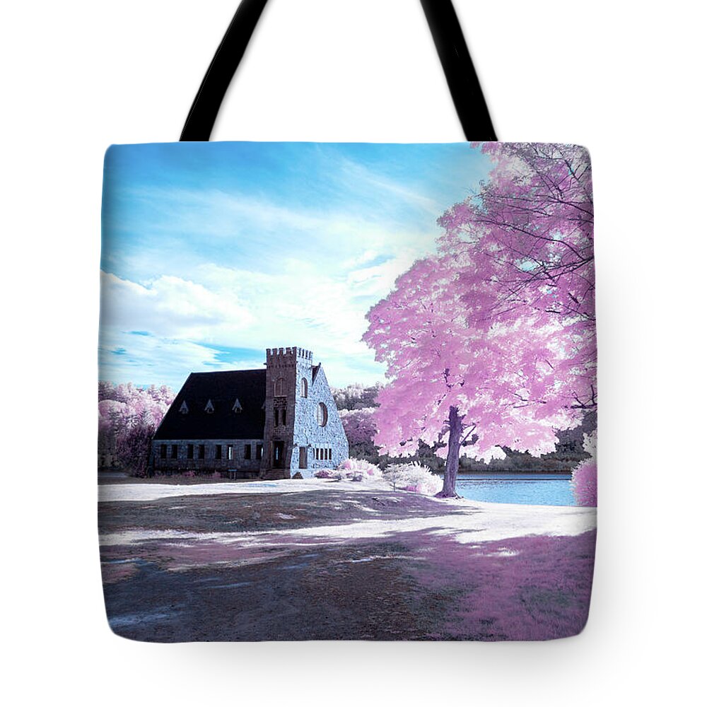 Old Stone Church West Boylston W W. Architecture Stonewall Outside Outdoors Sky Clouds Trees Bushes Brush Grass Geese Birds Newengland New England U.s.a. Usa Brian Hale Brianhalephoto Ir Infrared Infra Red Historic Tote Bag featuring the photograph Cotton Candy Church by Brian Hale