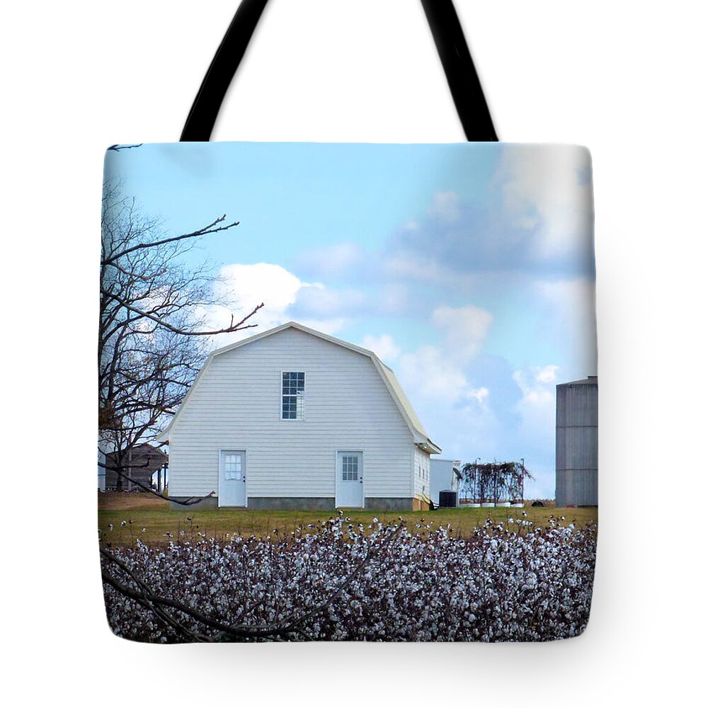 Cotton Tote Bag featuring the photograph Cotton Patch White Barn by Rosalie Scanlon