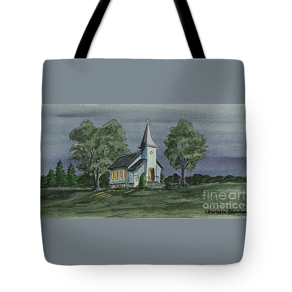 Country Church At Night Tote Bag featuring the painting Country Church On A Summer Night by Charlotte Blanchard