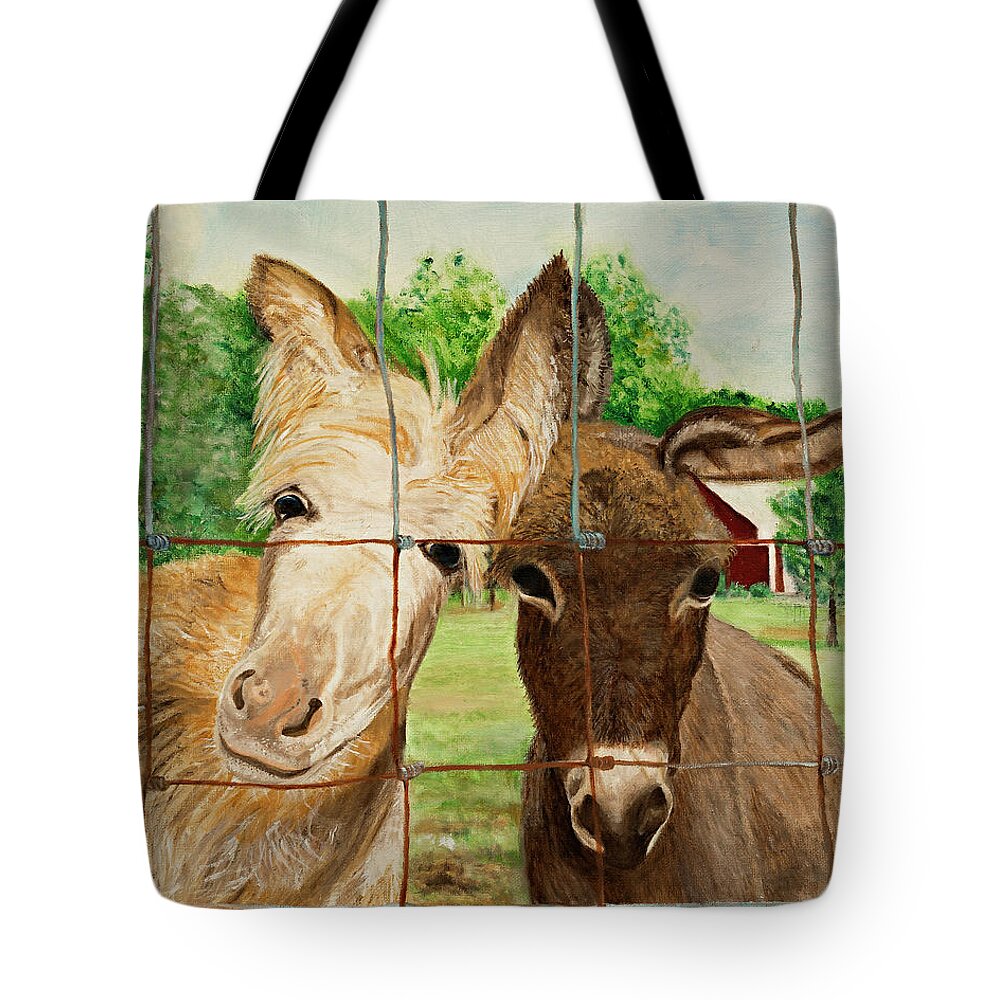 Pair Of Donkeys Tote Bag featuring the painting Country Companions by Kathy Knopp