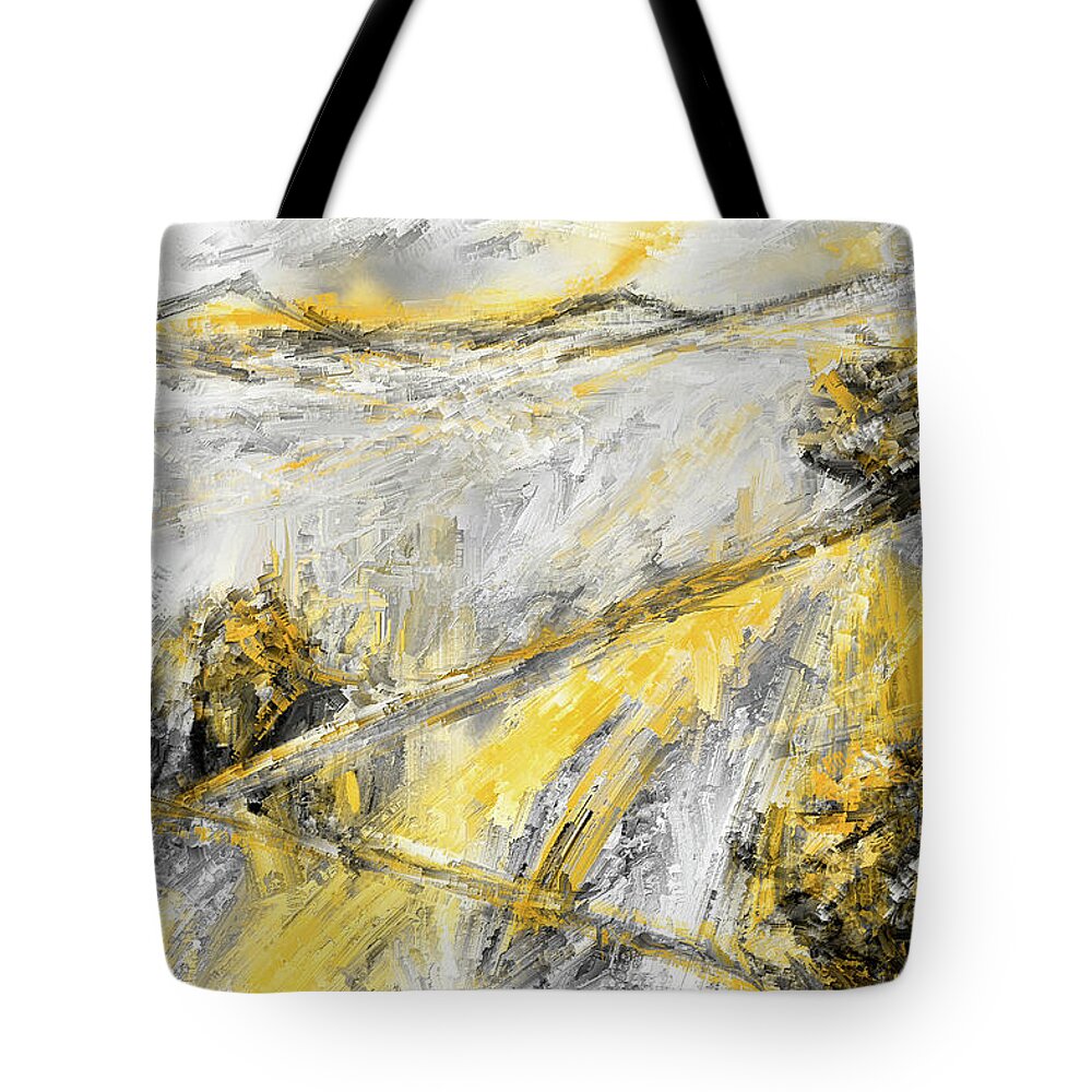 Yellow Tote Bag featuring the painting Country Glow - Yellow And Gray Modern Artwork Paintings by Lourry Legarde