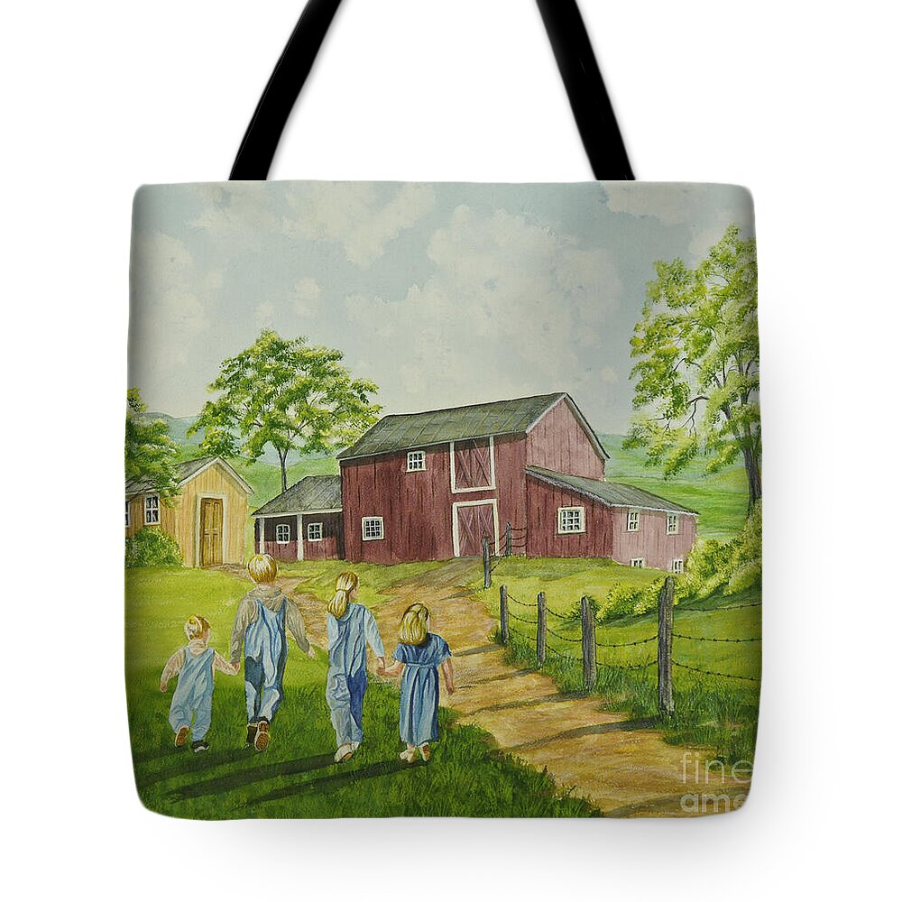 Country Kids Art Tote Bag featuring the painting Country Kids by Charlotte Blanchard