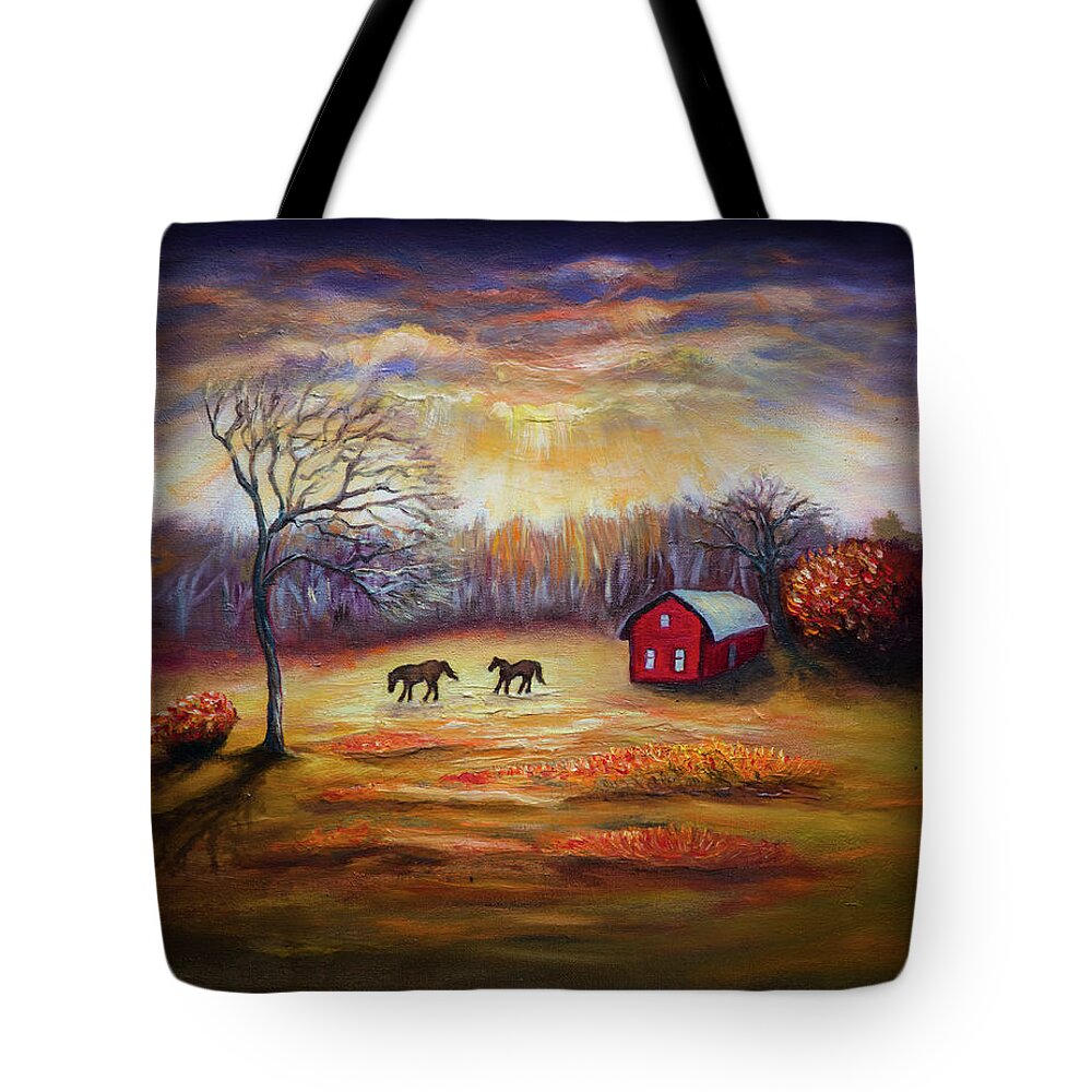Country Scene Tote Bag featuring the painting Country scene late fall by Lilia D