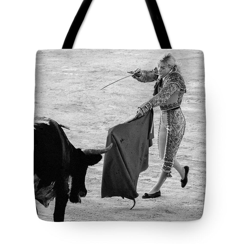 Black And White Tote Bag featuring the photograph Blonde Bullfighting by Jennifer Wright