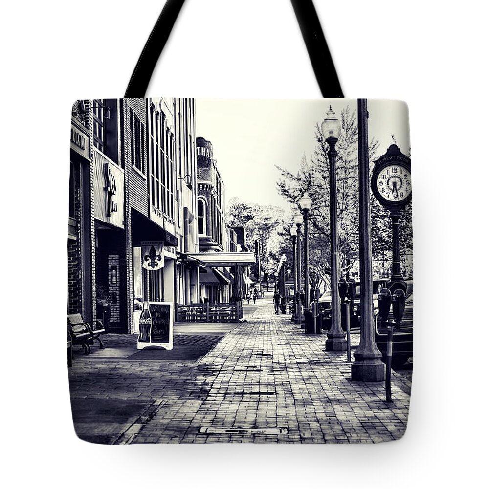 Court Street Tote Bag featuring the mixed media Court Street Clock Florence Alabama by Lesa Fine