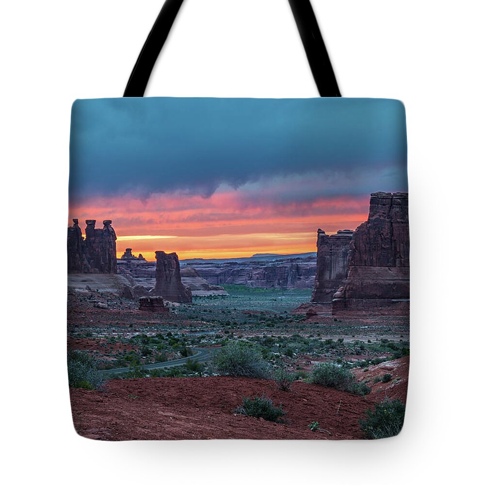 Arches Tote Bag featuring the photograph Courthouse Towers Arches National Park by Dan Norris