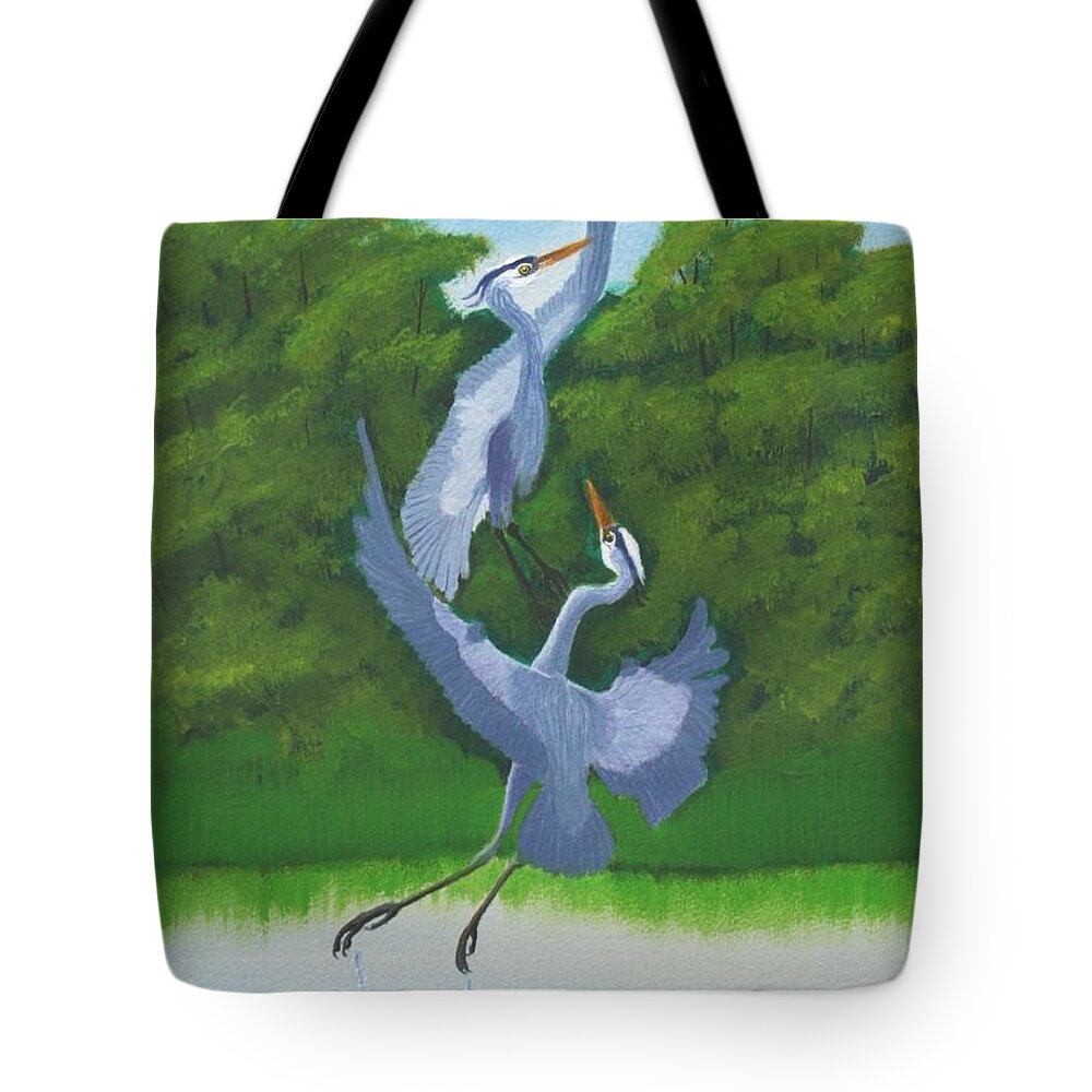 Great Blue Herons Tote Bag featuring the painting Courtship Dance by Mike Robles