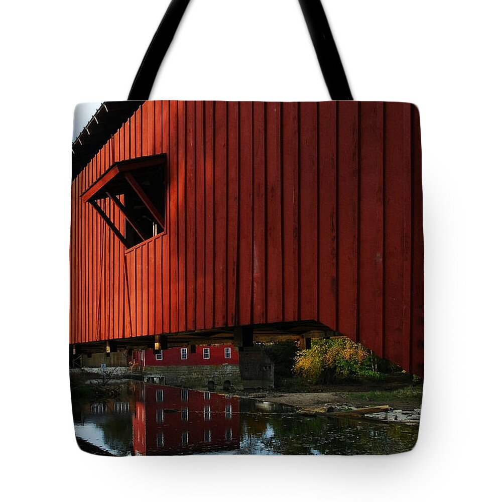 Mel Steinhauer Tote Bag featuring the photograph Covered Bridge Reflections by Mel Steinhauer