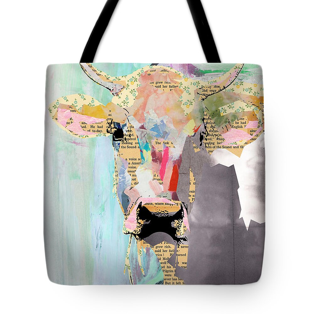 Cow Tote Bag featuring the mixed media Cow Collage by Claudia Schoen