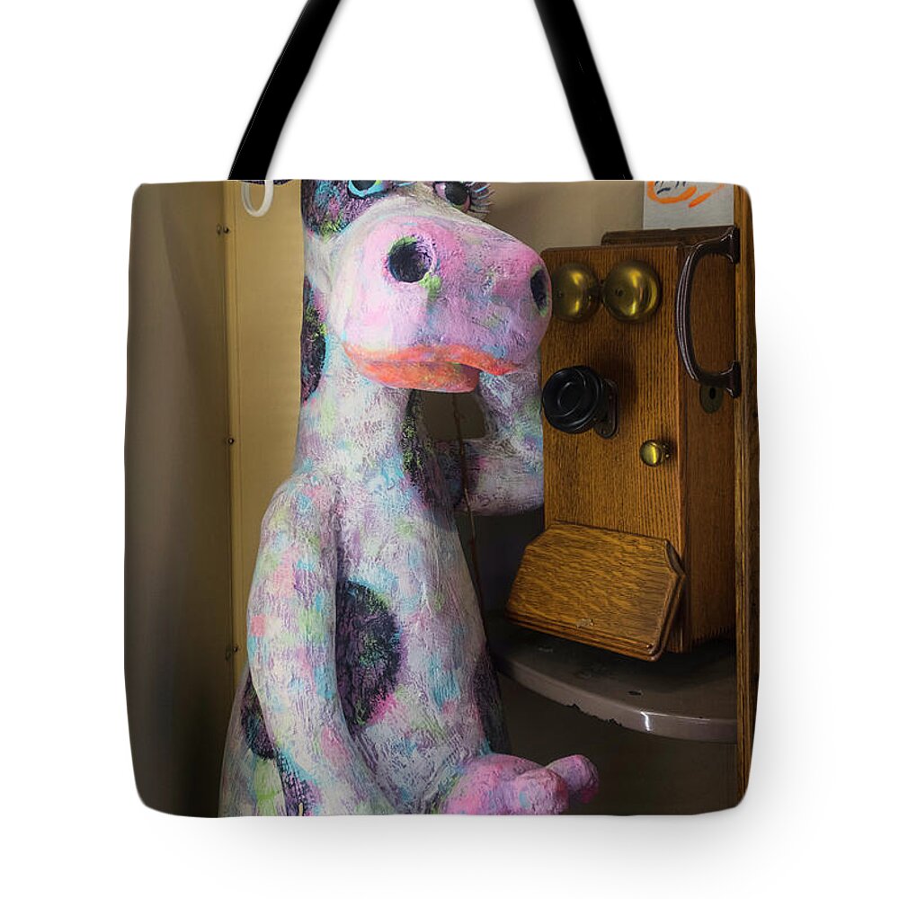 Albuquerque New Mexico Tote Bag featuring the photograph Cow In A Phone Booth by Tom Singleton