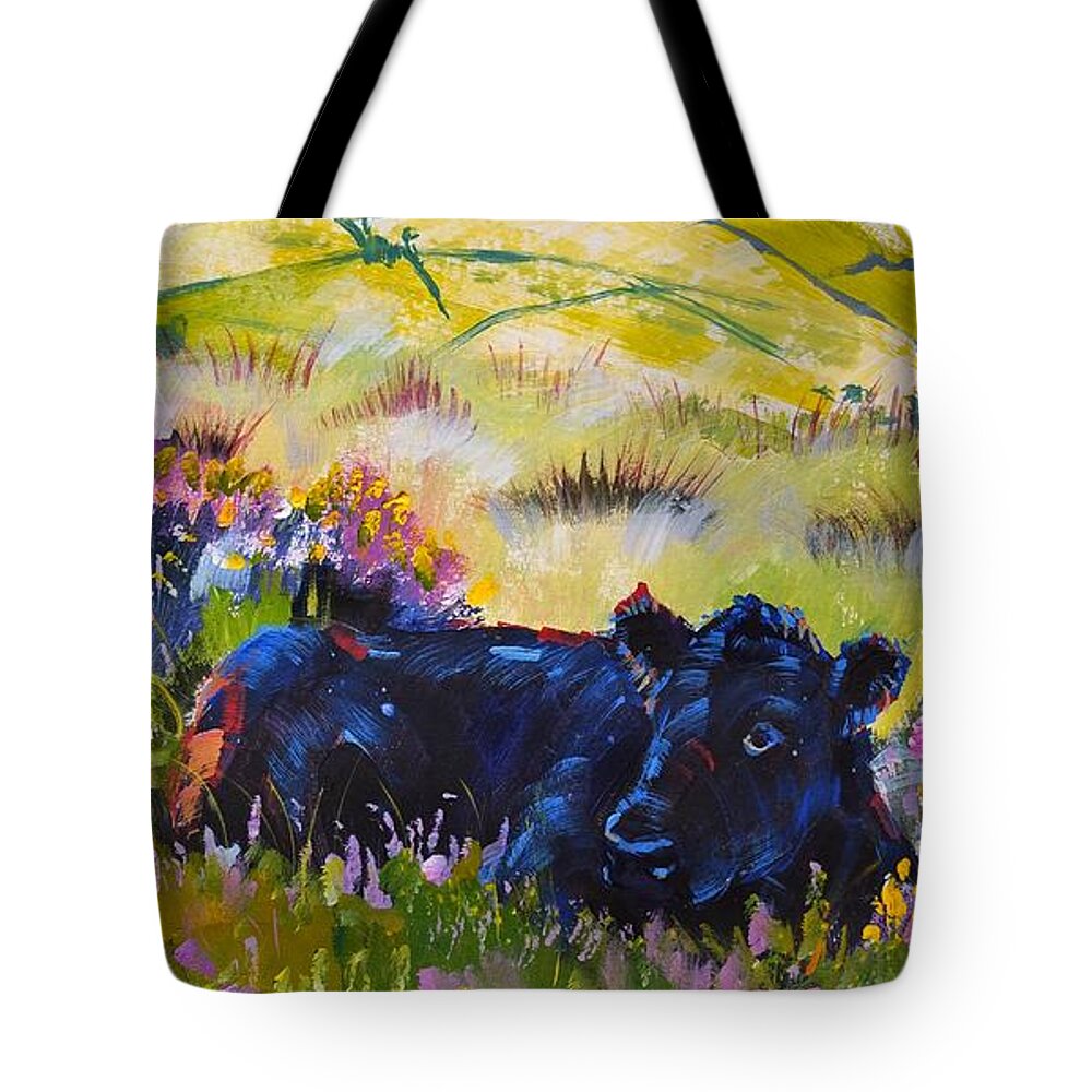 Black Tote Bag featuring the painting Cow lying down among plants by Mike Jory
