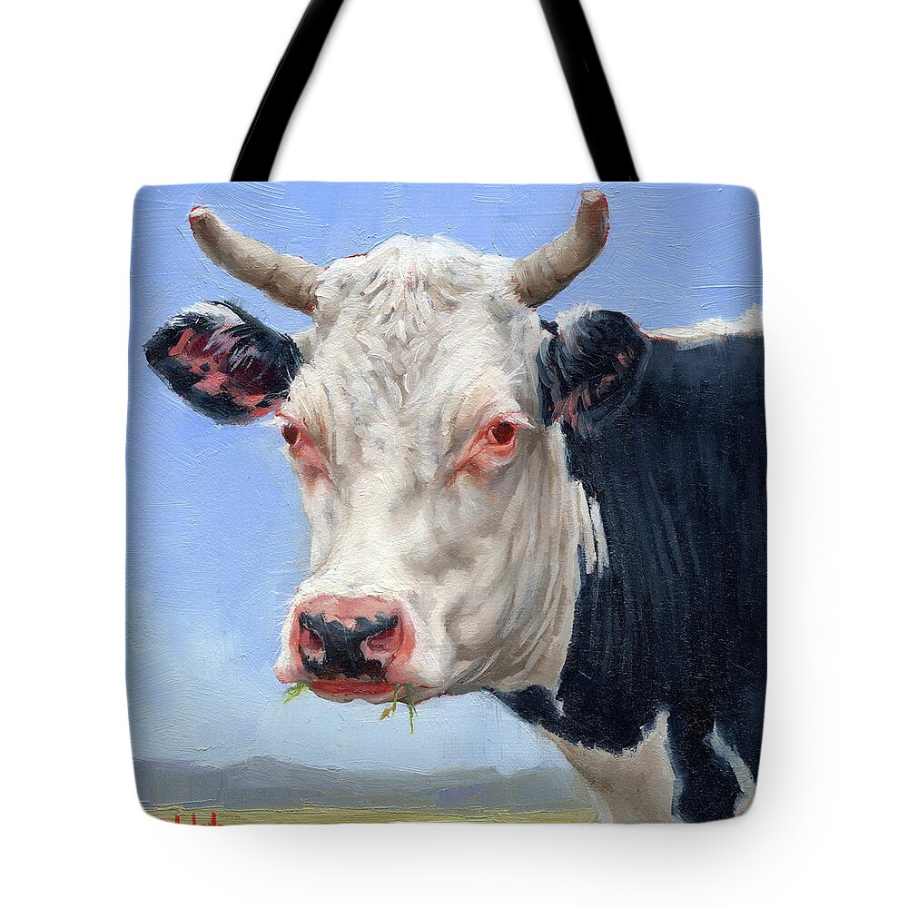 Cow Tote Bag featuring the painting Cow Portrait Mini Painting by Margaret Stockdale