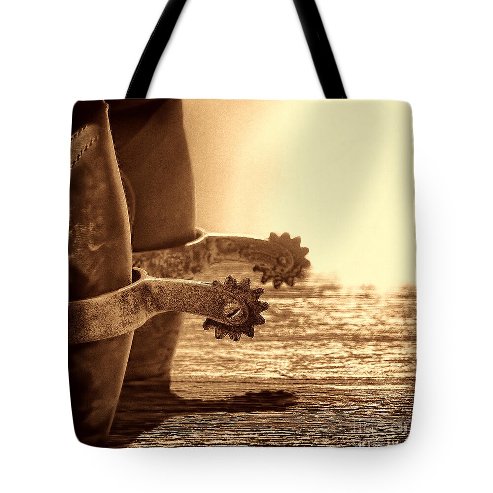 Cowboy Tote Bag featuring the photograph Cowboy Boots and Riding Spurs by American West Legend By Olivier Le Queinec