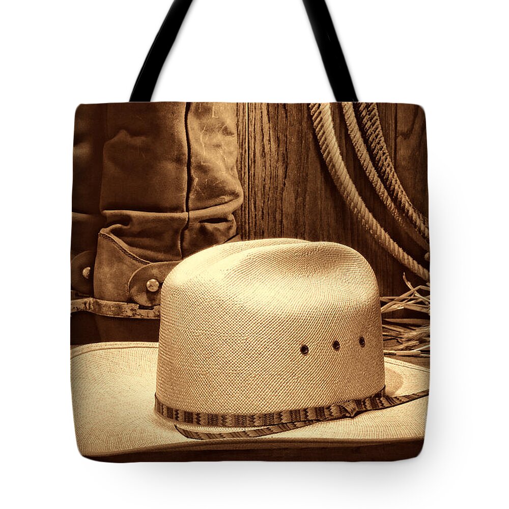 Western Tote Bag featuring the photograph Cowboy Hat with Western Boots by American West Legend By Olivier Le Queinec