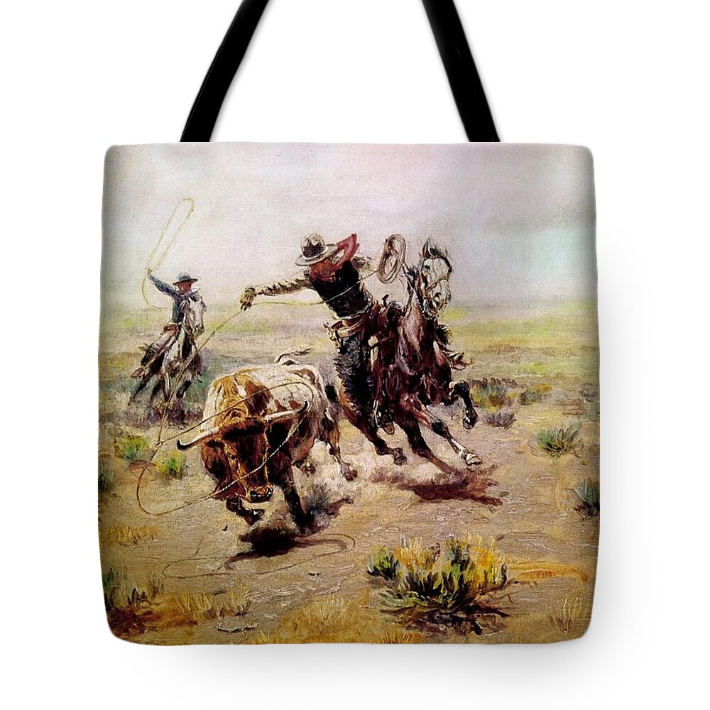 Cowboy Roping A Steer Tote Bag featuring the digital art Cowboy Roping A Steer by Charles Russell