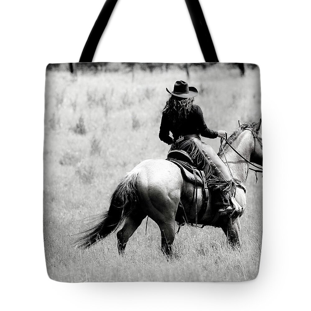 Cowgirl Tote Bag featuring the photograph Cowgirl Horseback by Athena Mckinzie