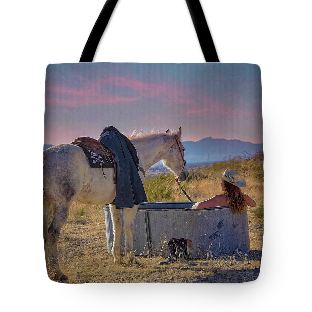 Spa Tote Bag featuring the painting Cowgirl Spa 7op by Walter Herrit
