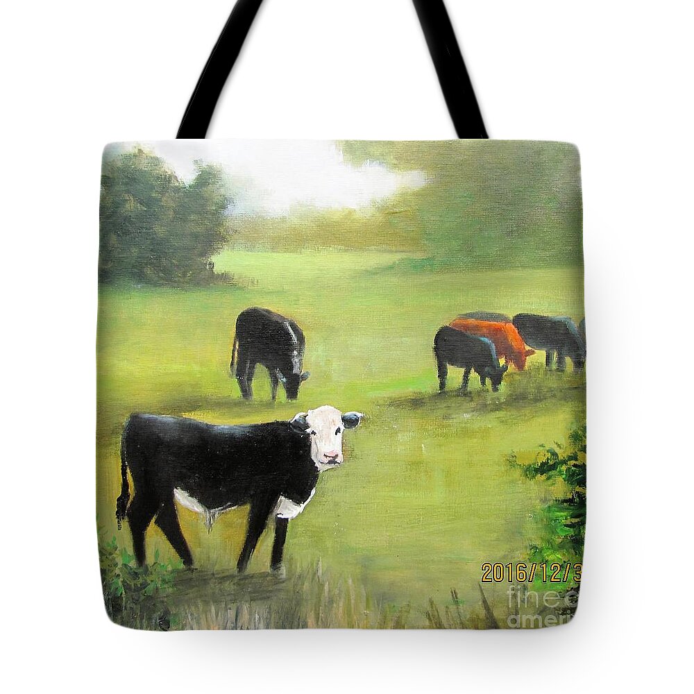 Black Tote Bag featuring the painting Cows in Pasture by Barbara Haviland