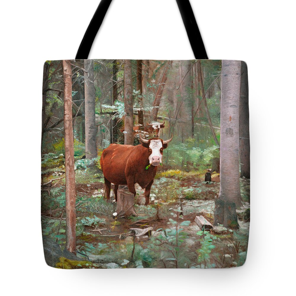 Landscape Tote Bag featuring the painting Cows in the Woods by Joshua Martin