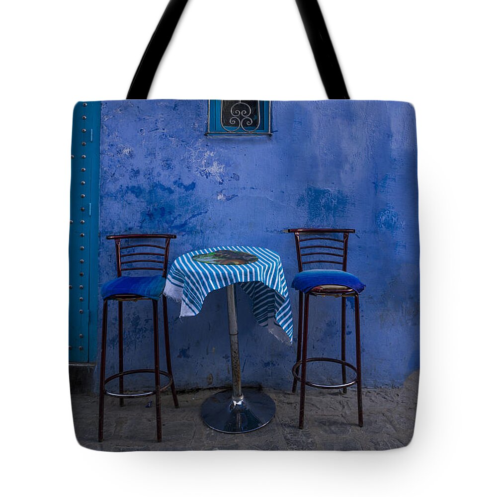 Morocco Tote Bag featuring the photograph Cozy Table in Chefchaouen by Lindley Johnson