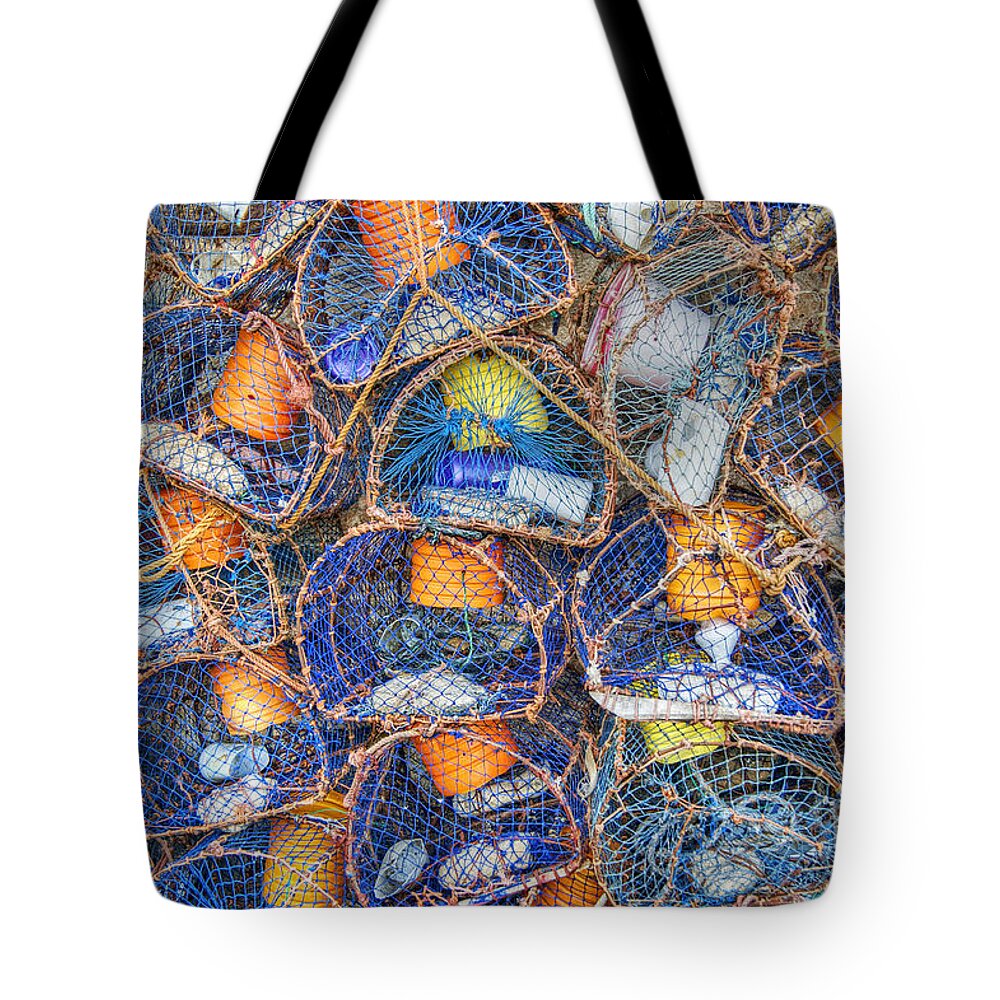 Crab Tote Bag featuring the photograph Crab and Lobster Pots on Quayside by David Birchall