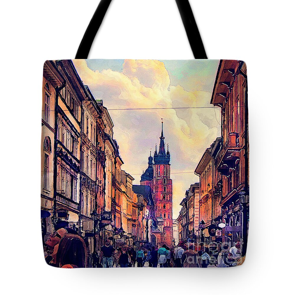 Cracow Tote Bag featuring the painting Cracow Florianska street by Justyna Jaszke JBJart