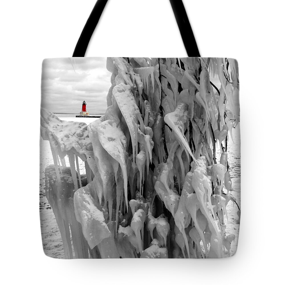 Lighthouse Ann Arbor Park Tote Bag featuring the photograph Cradled in Ice - Menominee North Pier Lighthouse by Mark J Seefeldt