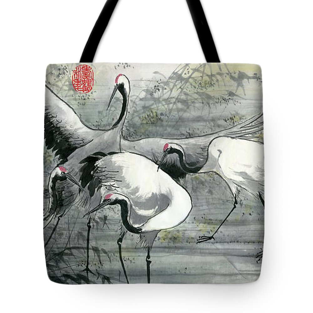 Red-crowned Crane Tote Bag featuring the painting Cranes - 11 by River Han