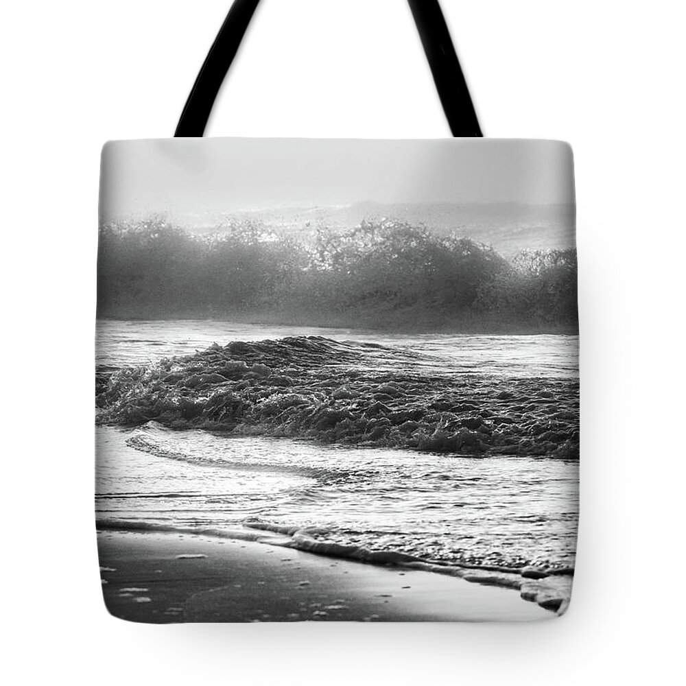 Beach Tote Bag featuring the photograph Crashing wave at Beach Black and White by John McGraw