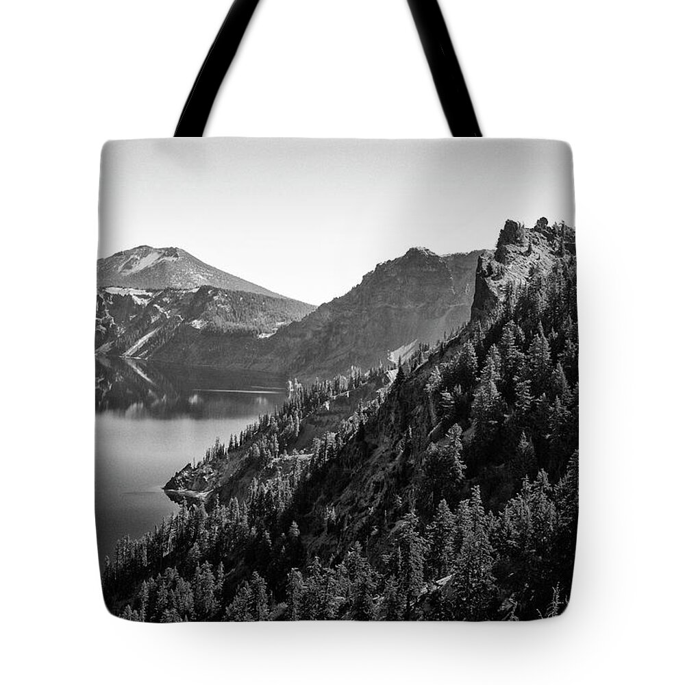 Crater Lake West Rim Tote Bag featuring the photograph Crater Lake 4 Black and White by Frank Wilson