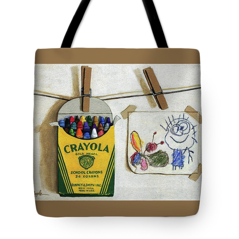 Crayons Tote Bag featuring the painting Box of Crayons and Child's Drawing realistic still life painting by Linda Apple