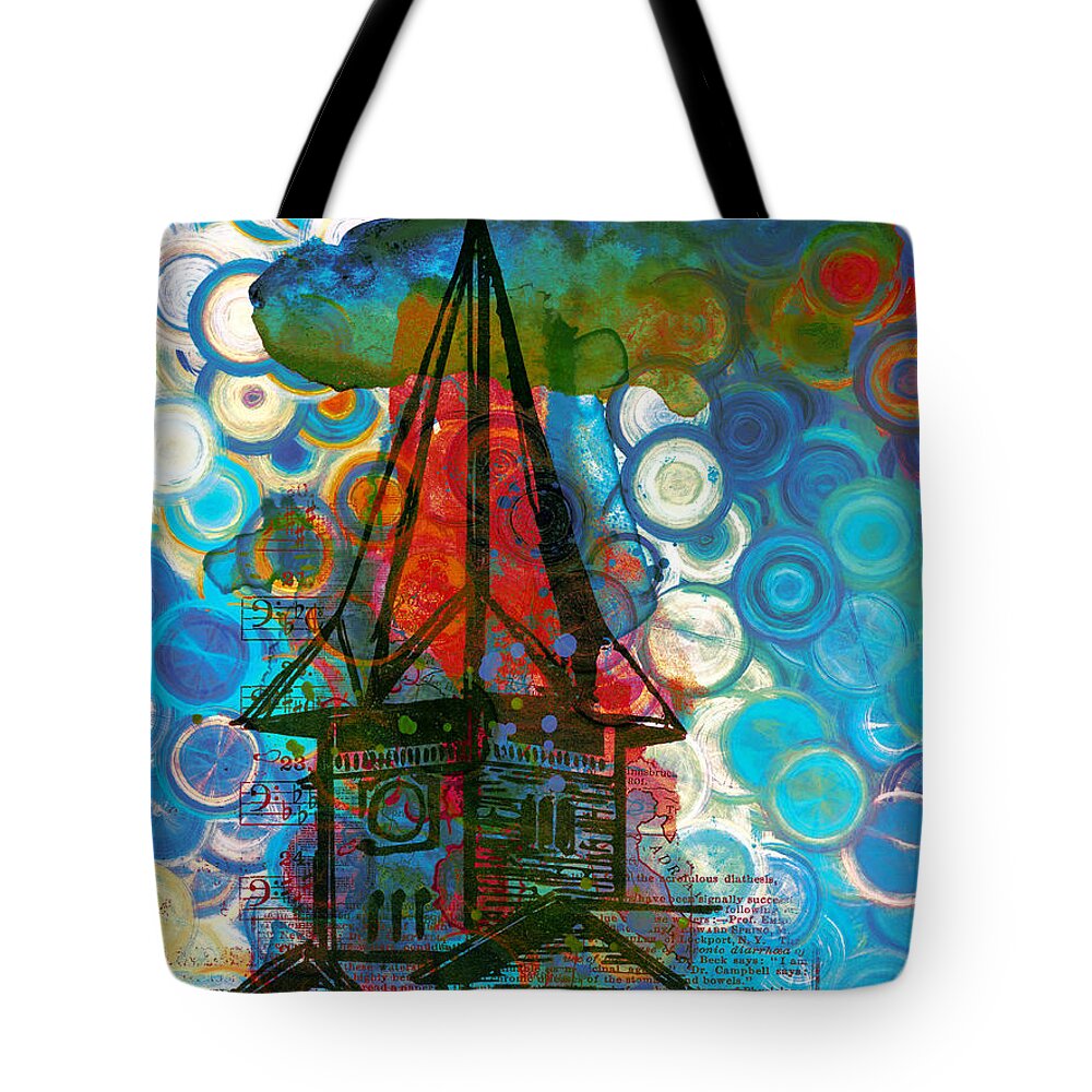 Crazy House In The Clouds Whimsy Tote Bag featuring the painting Crazy Red House In The Clouds Whimsy by Georgiana Romanovna