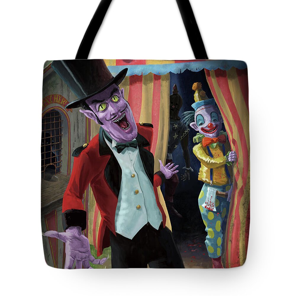 Circus Tote Bag featuring the painting Creepy Circus by Martin Davey