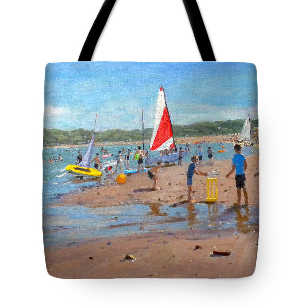 Cricket Tote Bag featuring the painting Cricket and red and white sail by Andrew Macara