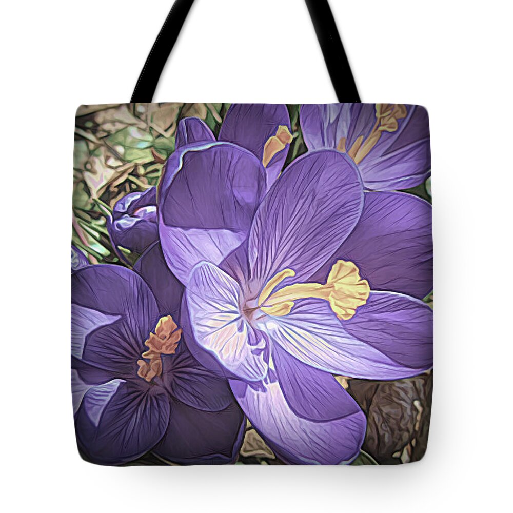 Floral Tote Bag featuring the mixed media Crocus Soft and Pretty by Susan Lafleur