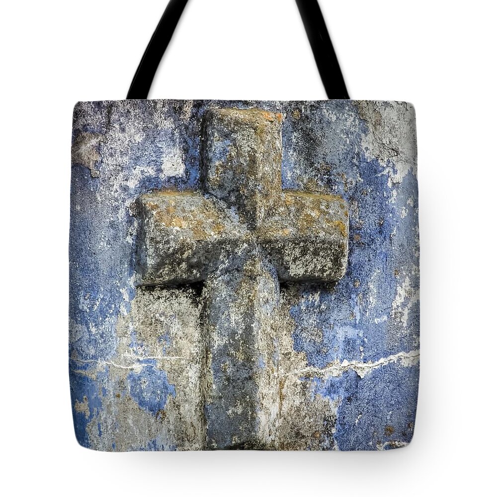 Cross Tote Bag featuring the photograph Cross on Blue Cemetery Wall by Melissa Bittinger
