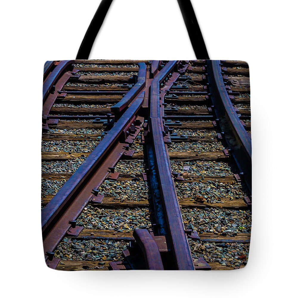 Railroad Tote Bag featuring the photograph Cross Tracks by Garry Gay