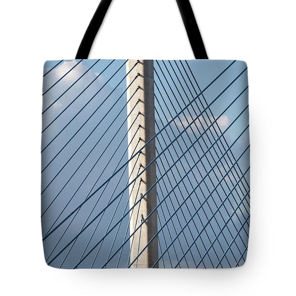 Bridge Cables Tote Bag featuring the photograph Crossing Blue - by Julie Weber