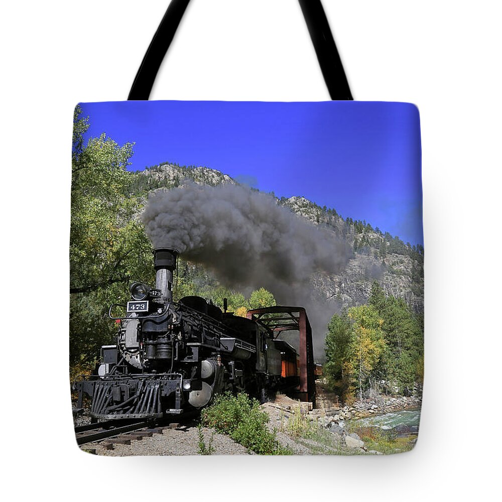 Durango Silverton Tote Bag featuring the photograph Crossing Tefft Bridge by Donna Kennedy